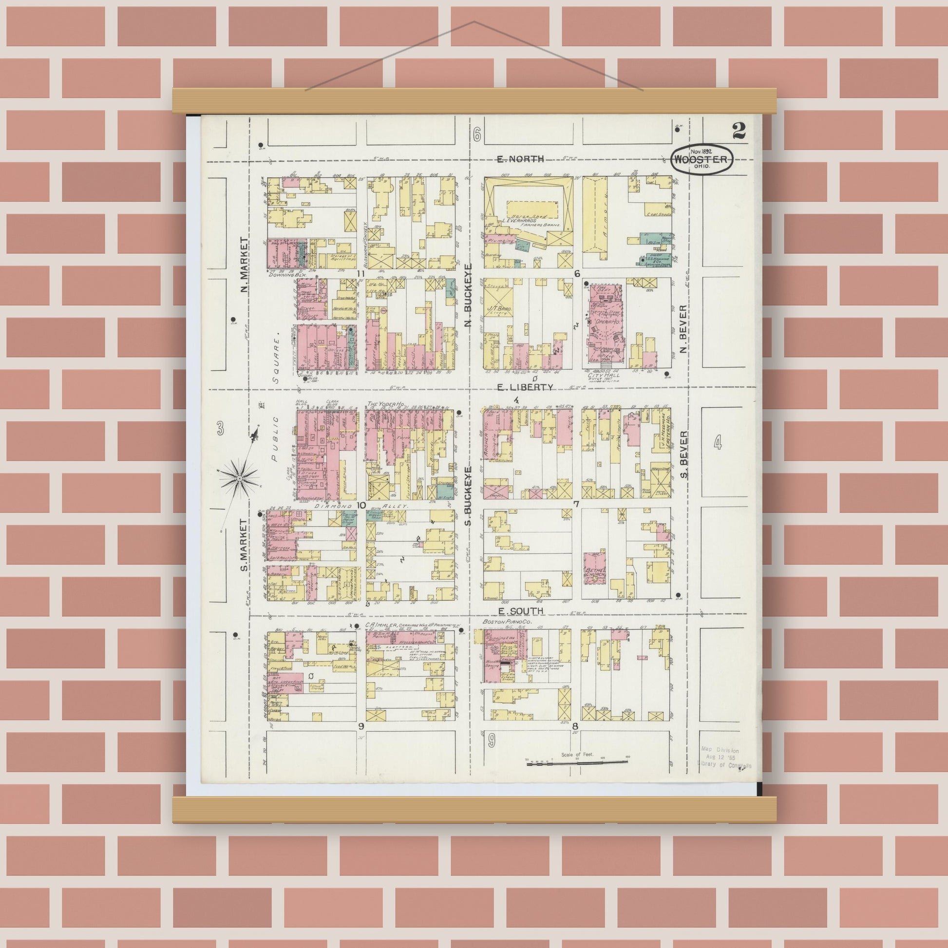 Old map wall art mockup — magnetic wood frame on brick wall — Sanborn Fire Insurance Map from Wooster, Wayne County, Ohio (1892), Sheet #0002
