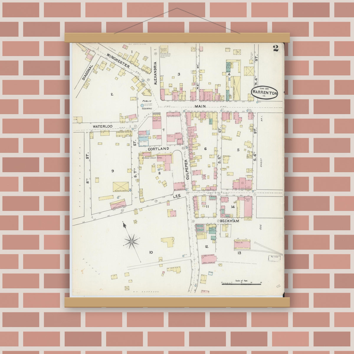 Old map wall art mockup — magnetic wood frame on brick wall — Sanborn Fire Insurance Map from Warrenton, Fauquier County, Virginia (1891), Sheet #0002