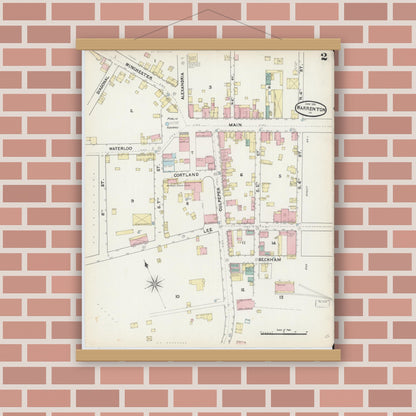 Old map wall art mockup — magnetic wood frame on brick wall — Sanborn Fire Insurance Map from Warrenton, Fauquier County, Virginia (1891), Sheet #0002