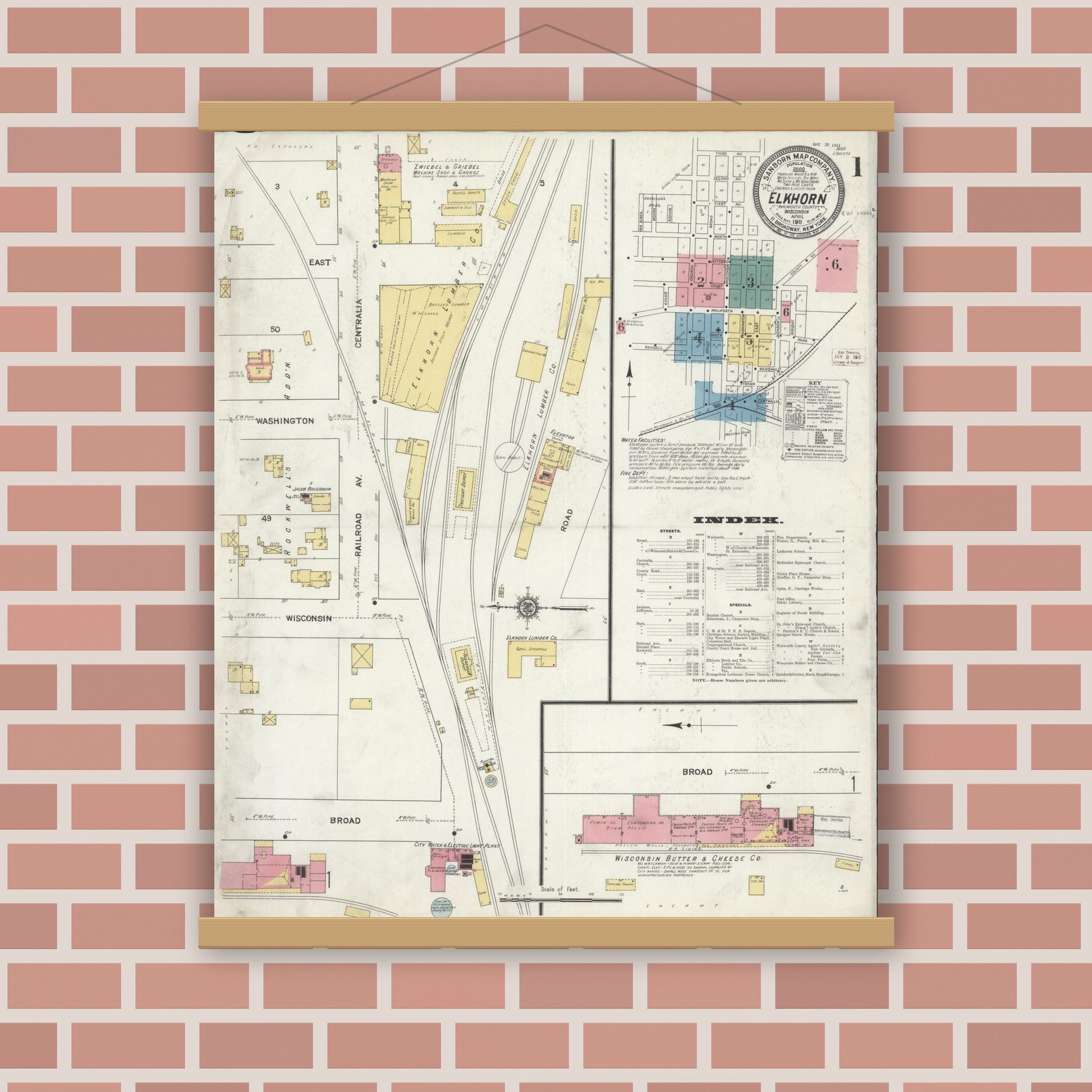 Old map wall art mockup — magnetic wood frame on brick wall — Sanborn Fire Insurance Map from Elkhorn, Walworth County, Wisconsin (1911) - Complete Map Set