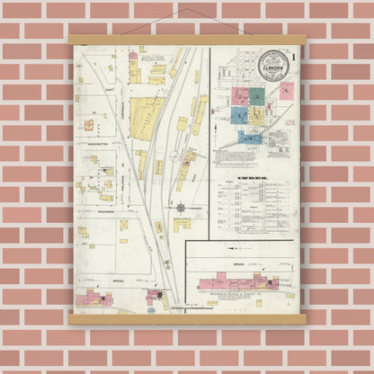 Old map wall art mockup — magnetic wood frame on brick wall — Sanborn Fire Insurance Map from Elkhorn, Walworth County, Wisconsin (1911) - Complete Map Set