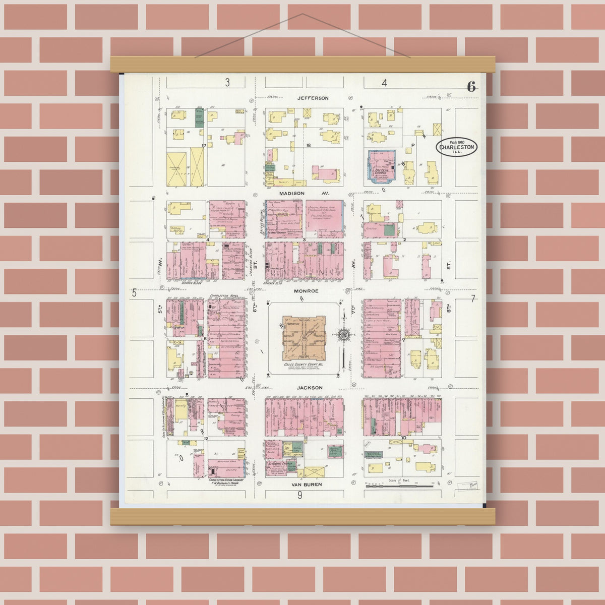 Old map wall art mockup — magnetic wood frame on brick wall — Sanborn Fire Insurance Map from Charleston, Coles County, Illinois (1910), Sheet #0006