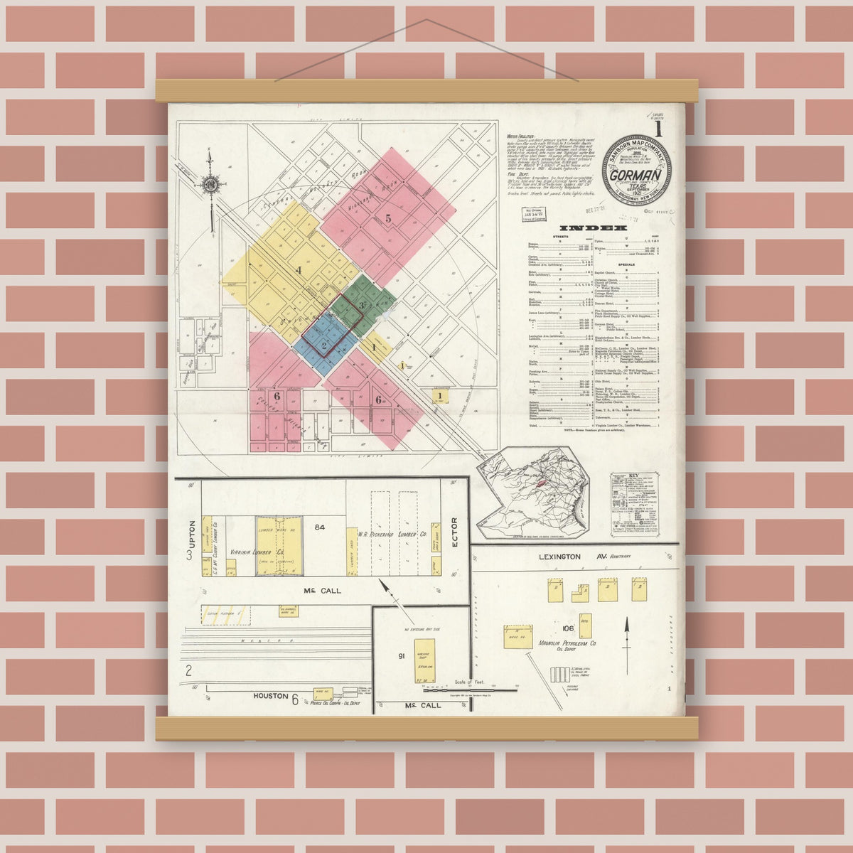 Old map wall art mockup — magnetic wood frame on brick wall — Sanborn Fire Insurance Map from Gorman, Eastland County, Texas (1921) - Complete Map Set