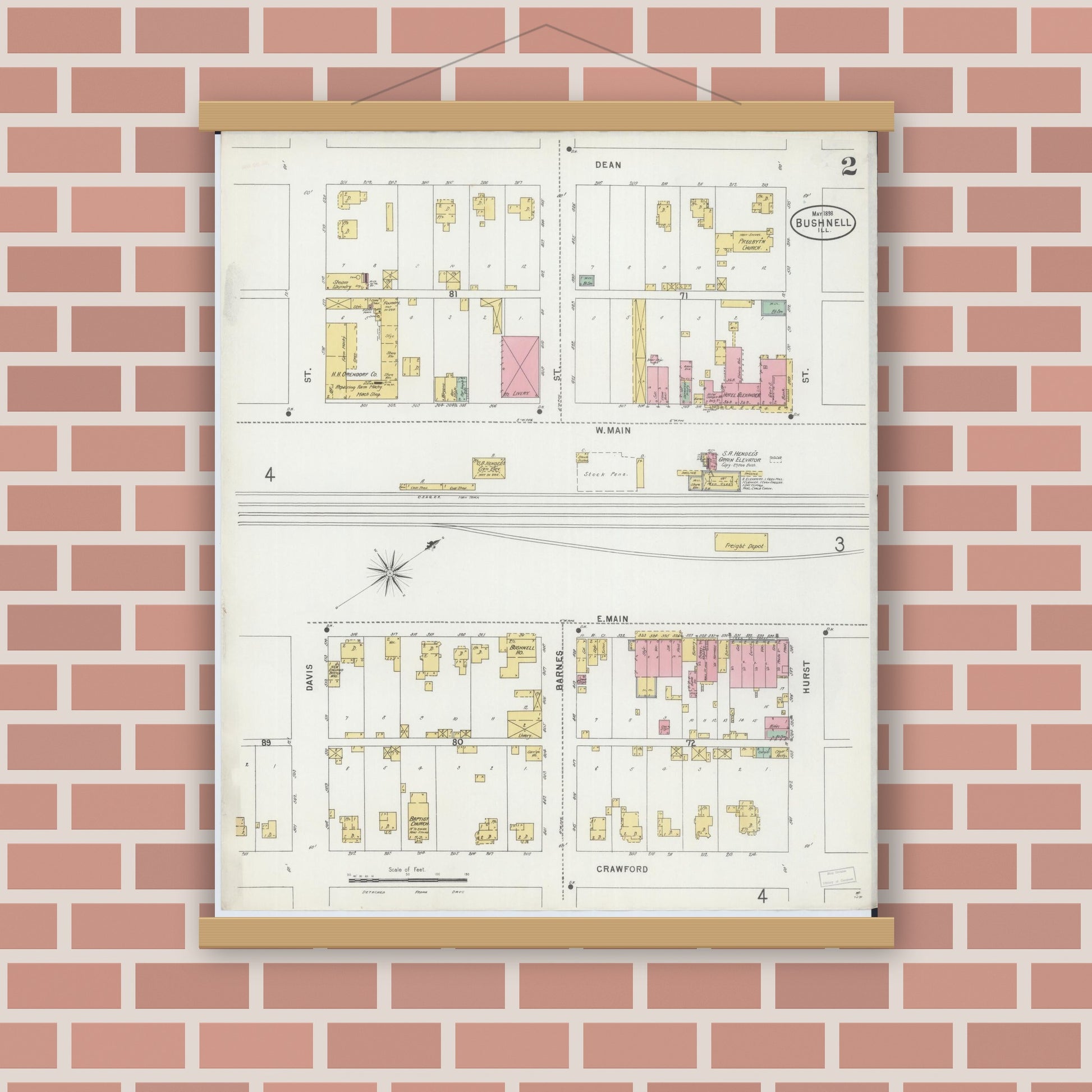 Old map wall art mockup — magnetic wood frame on brick wall — Sanborn Fire Insurance Map from Bushnell, Mcdonough County, Illinois (1898), Sheet #0002