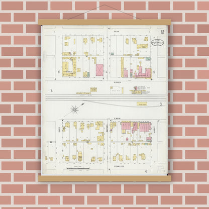 Old map wall art mockup — magnetic wood frame on brick wall — Sanborn Fire Insurance Map from Bushnell, Mcdonough County, Illinois (1898), Sheet #0002