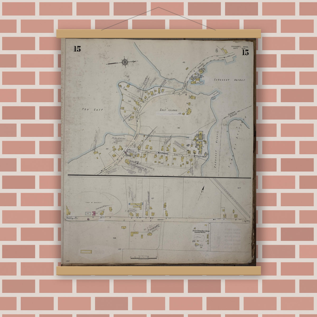 Old map wall art mockup — magnetic wood frame on brick wall — Sanborn Fire Insurance Map from Cohasset, Norfolk County, Massachusetts (1952), Sheet #0015