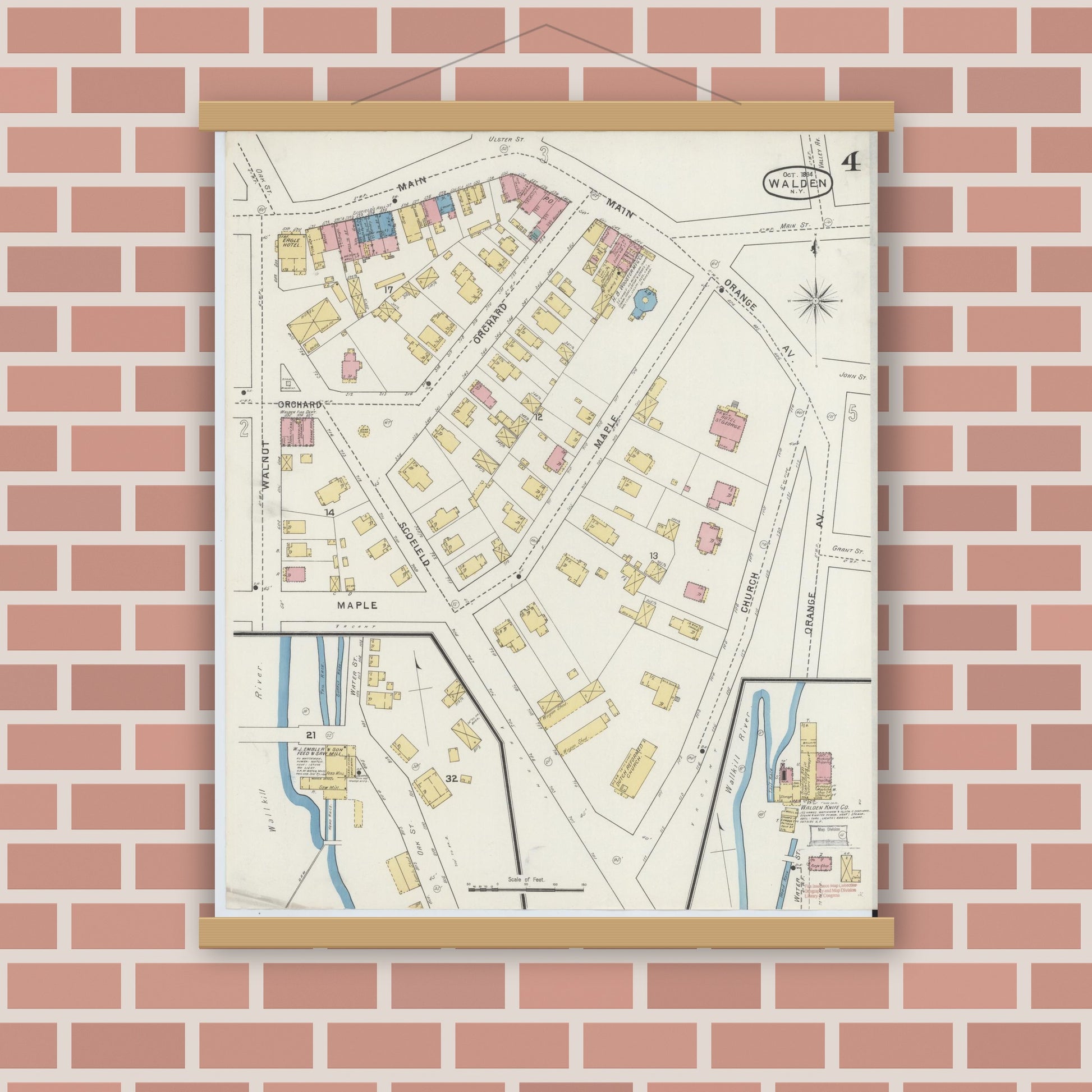 Old map wall art mockup — magnetic wood frame on brick wall — Sanborn Fire Insurance Map from Walden, Orange County, New York (1894), Sheet #0004