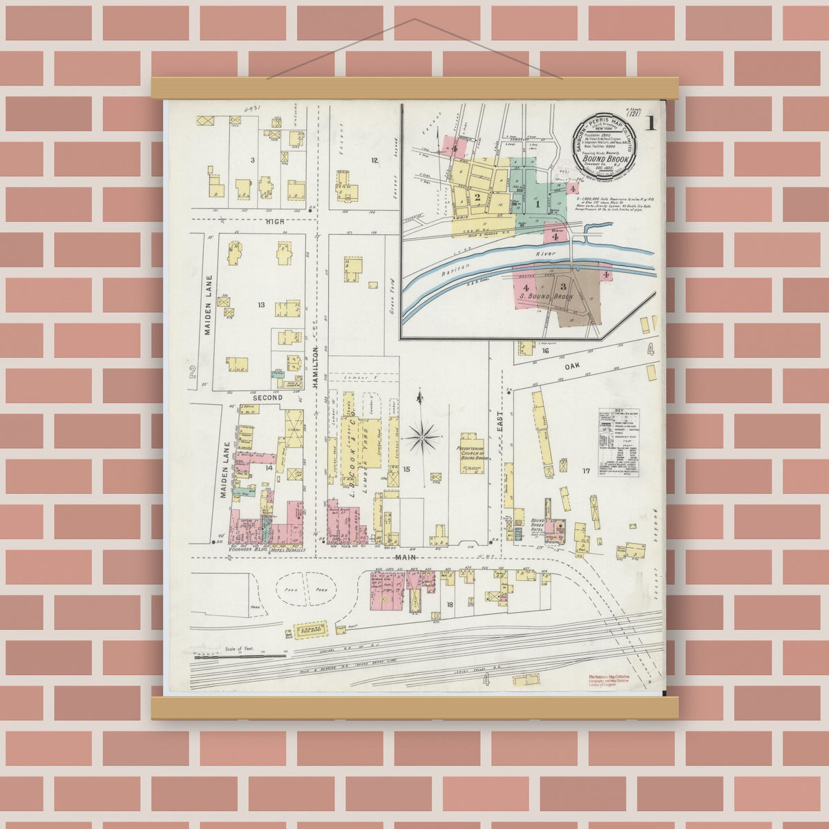 Old map wall art mockup — magnetic wood frame on brick wall — Sanborn Fire Insurance Map from Bound Brook, Somerset County, New Jersey (1895), Sheet #0001