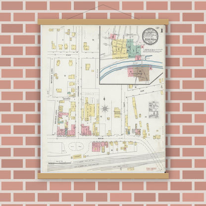 Old map wall art mockup — magnetic wood frame on brick wall — Sanborn Fire Insurance Map from Bound Brook, Somerset County, New Jersey (1895), Sheet #0001