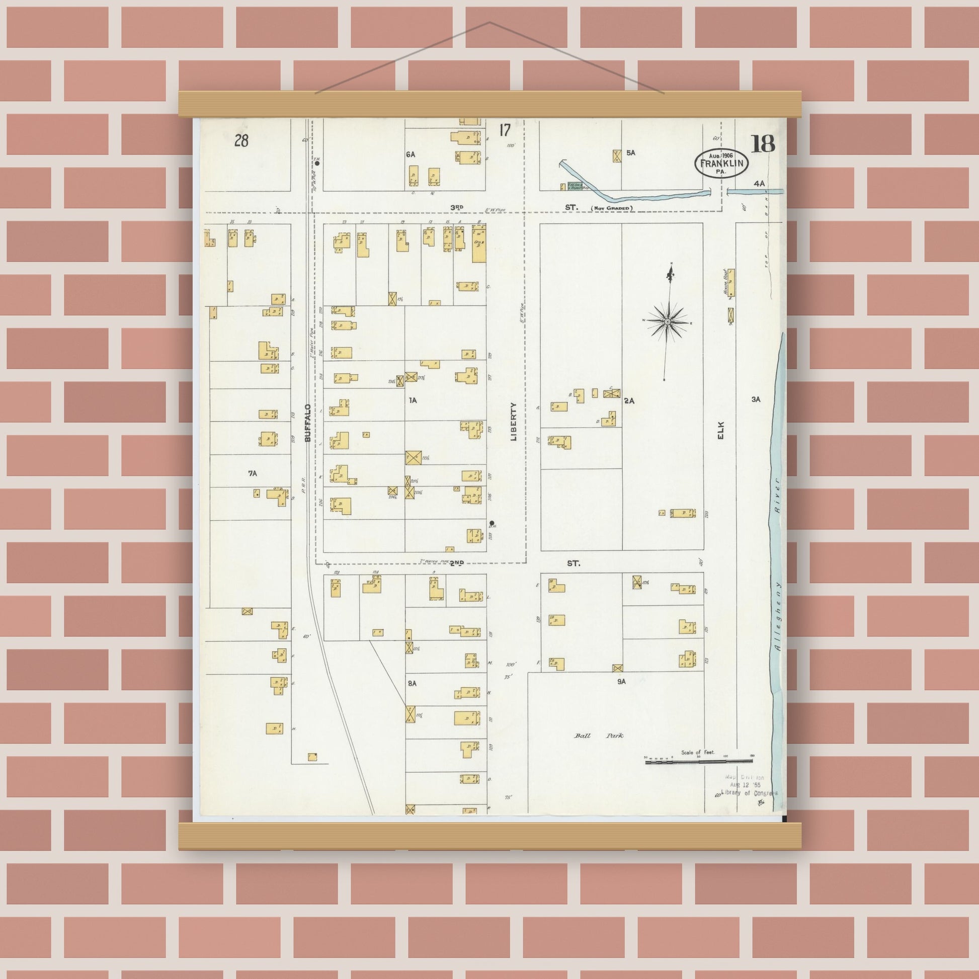 Old map wall art mockup — magnetic wood frame on brick wall — Sanborn Fire Insurance Map from Franklin, Venango County, Pennsylvania (1906), Sheet #0018