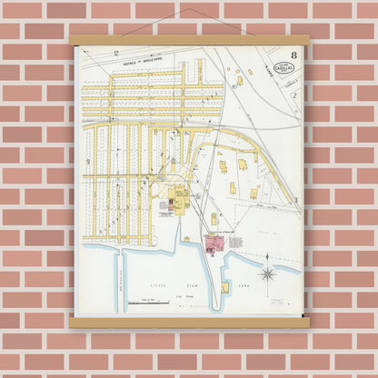 Old map wall art mockup — magnetic wood frame on brick wall — Sanborn Fire Insurance Map from Cadillac, Wexford County, Michigan (1900), Sheet #0008
