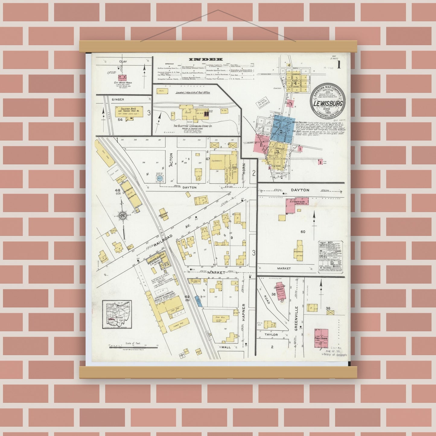 Old map wall art mockup — magnetic wood frame on brick wall — Sanborn Fire Insurance Map from Lewisburg, Preble County, Ohio (1920), Sheet #0001