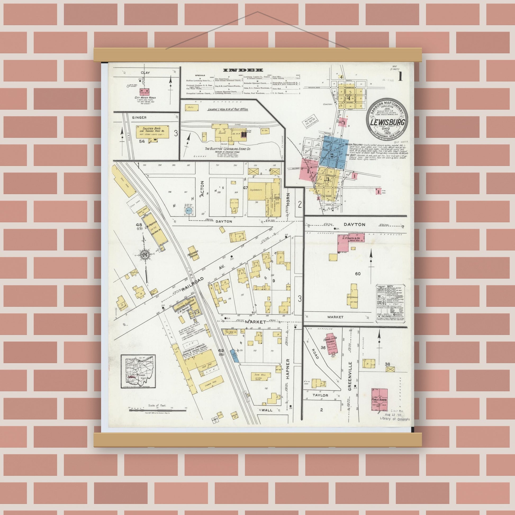Old map wall art mockup — magnetic wood frame on brick wall — Sanborn Fire Insurance Map from Lewisburg, Preble County, Ohio (1920), Sheet #0001