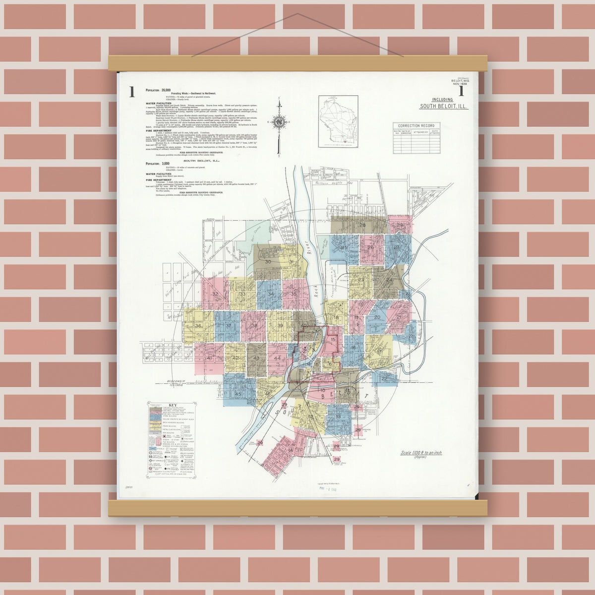 Old map wall art mockup — magnetic wood frame on brick wall — Sanborn Fire Insurance Map from Beloit, Rock County, Wisconsin (1939), Sheet #0001