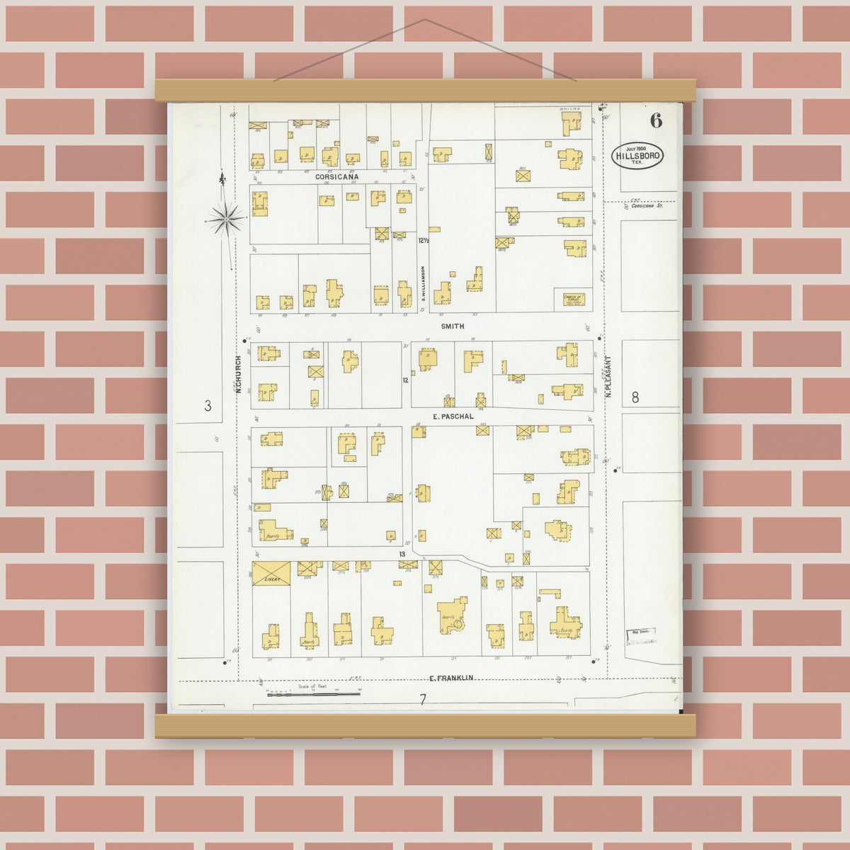 Old map wall art mockup — magnetic wood frame on brick wall — Sanborn Fire Insurance Map from Hillsboro, Hill County, Texas (1900), Sheet #0006
