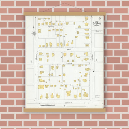Old map wall art mockup — magnetic wood frame on brick wall — Sanborn Fire Insurance Map from Hillsboro, Hill County, Texas (1900), Sheet #0006