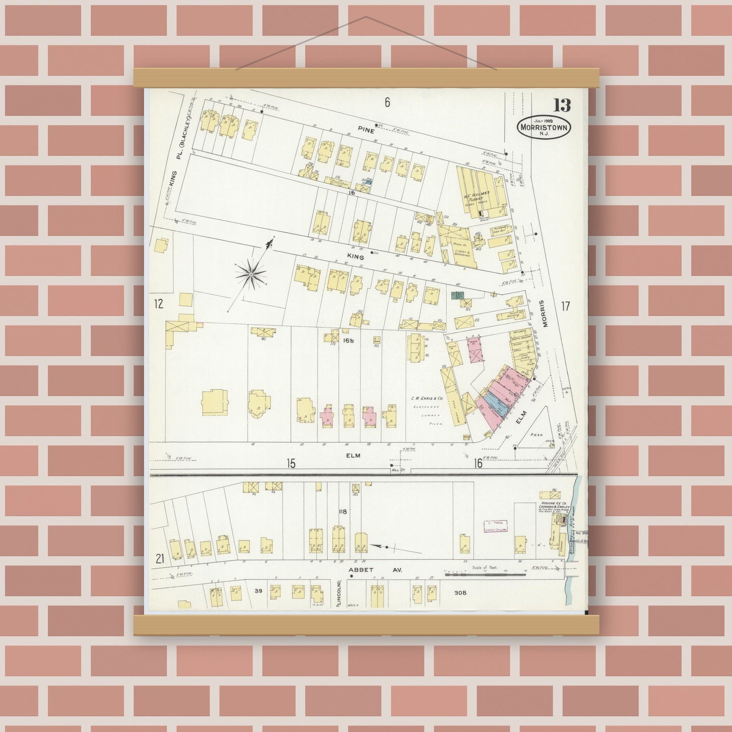 Old map wall art mockup — magnetic wood frame on brick wall — Sanborn Fire Insurance Map from Morristown, Morris County, New Jersey (1909), Sheet #0013