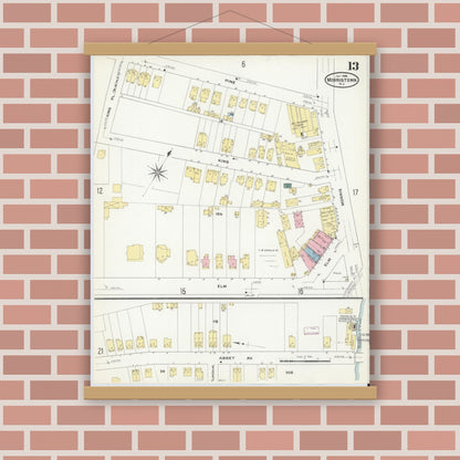 Old map wall art mockup — magnetic wood frame on brick wall — Sanborn Fire Insurance Map from Morristown, Morris County, New Jersey (1909), Sheet #0013