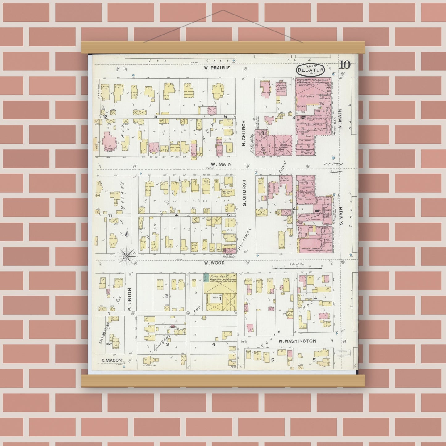 Old map wall art mockup — magnetic wood frame on brick wall — Sanborn Fire Insurance Map from Decatur, Macon County, Illinois (1892), Sheet #0010