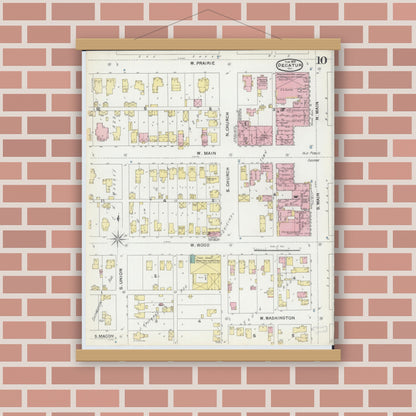 Old map wall art mockup — magnetic wood frame on brick wall — Sanborn Fire Insurance Map from Decatur, Macon County, Illinois (1892), Sheet #0010
