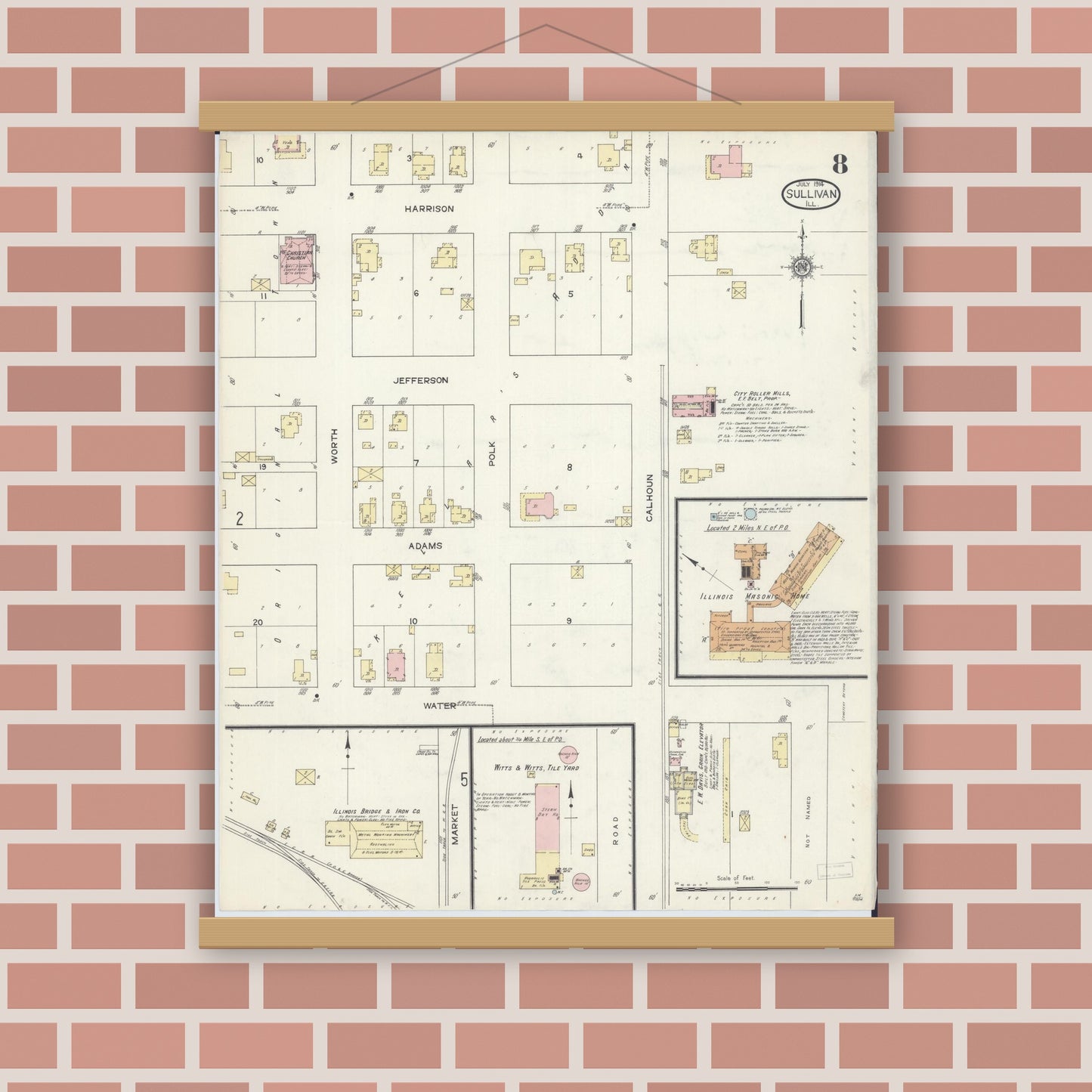 Old map wall art mockup — magnetic wood frame on brick wall — Sanborn Fire Insurance Map from Sullivan, Moultrie County, Illinois (1914), Sheet #0008