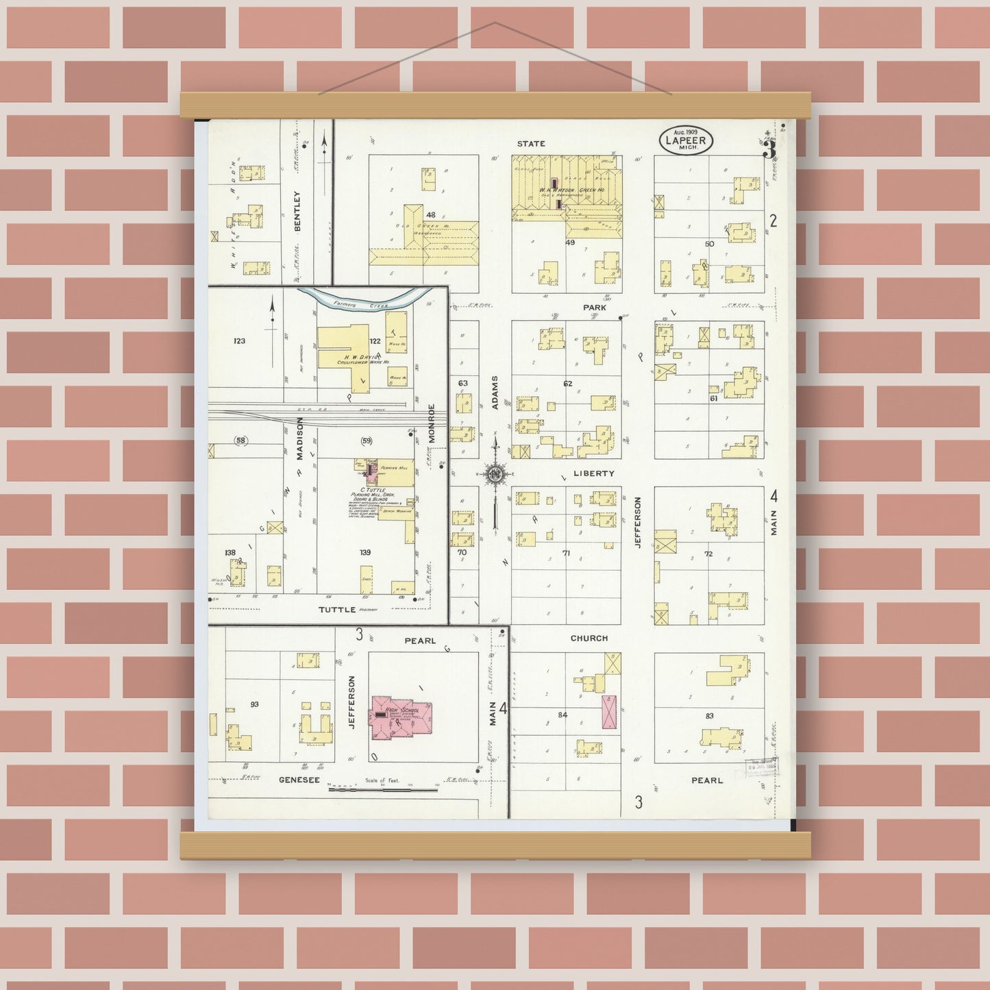 Old map wall art mockup — magnetic wood frame on brick wall — Sanborn Fire Insurance Map from Lapeer, Lapeer County, Michigan (1909), Sheet #0003