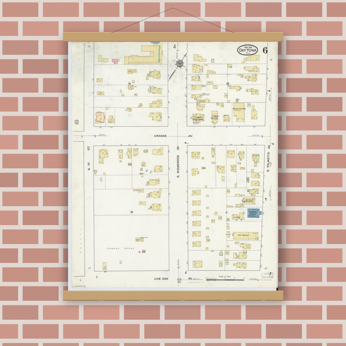 Old map wall art mockup — magnetic wood frame on brick wall — Sanborn Fire Insurance Map from Daytona, Volusia County, Florida (1916), Sheet #0006