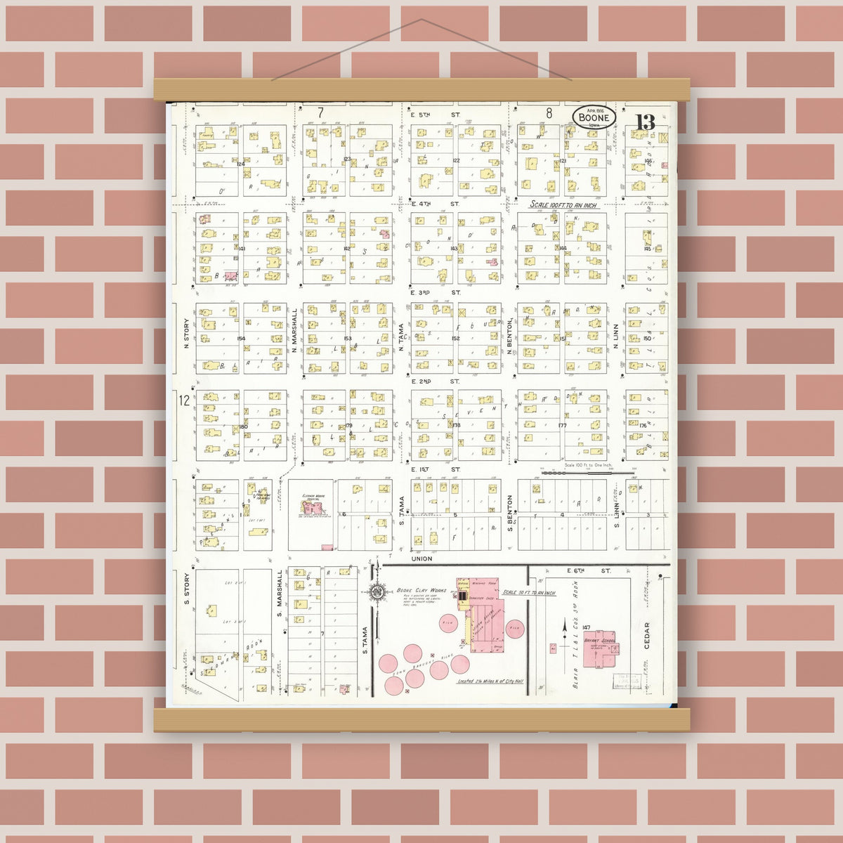 Old map wall art mockup — magnetic wood frame on brick wall — Sanborn Fire Insurance Map from Boone, Boone County, Iowa (1916), Sheet #0013