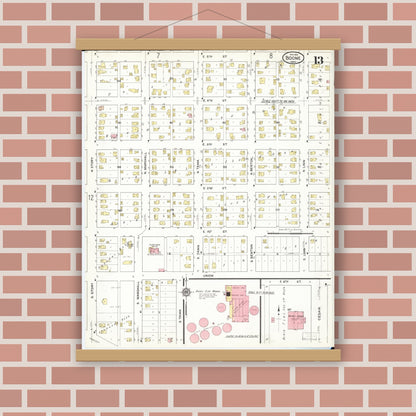 Old map wall art mockup — magnetic wood frame on brick wall — Sanborn Fire Insurance Map from Boone, Boone County, Iowa (1916), Sheet #0013