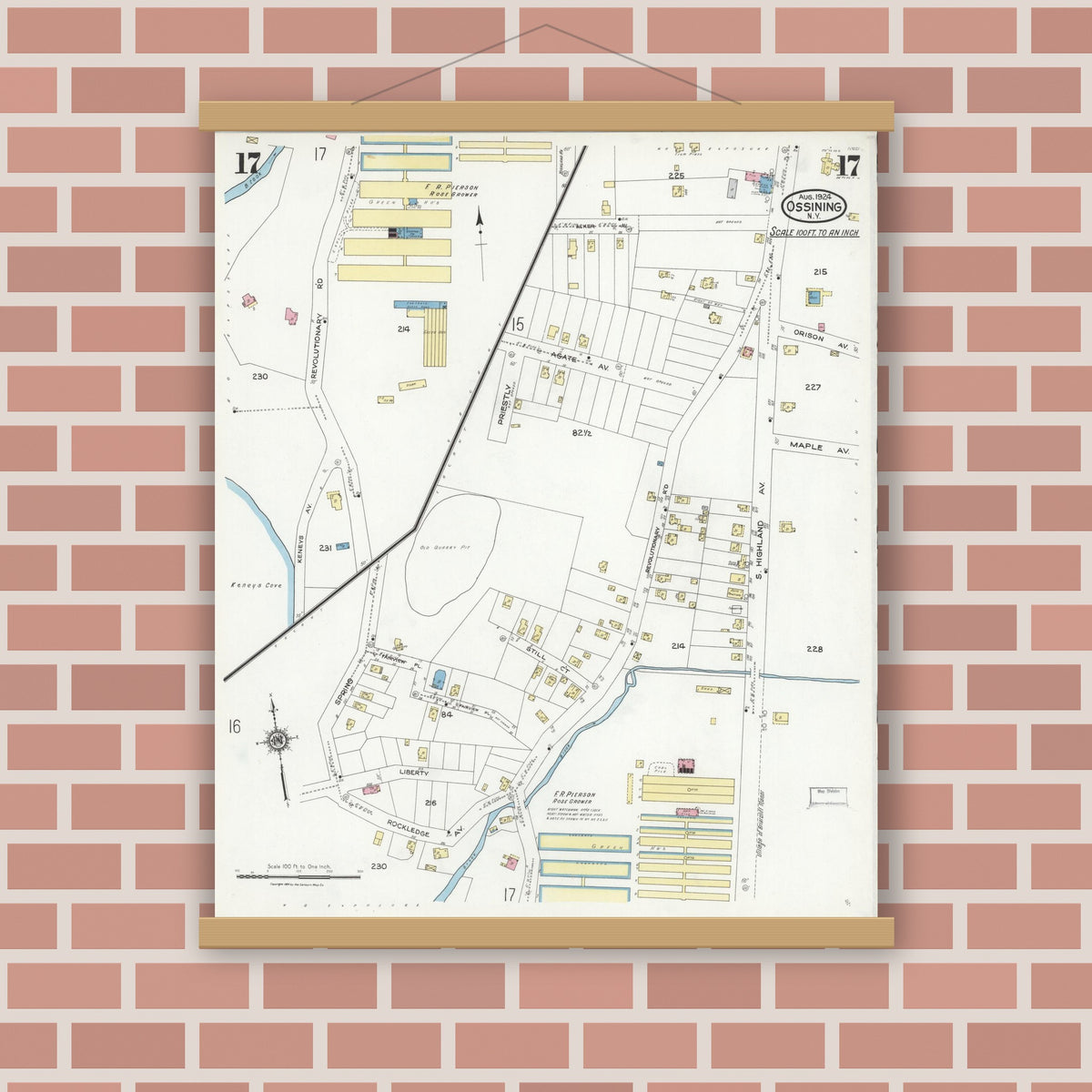 Old map wall art mockup — magnetic wood frame on brick wall — Sanborn Fire Insurance Map from Ossining, Westchester County, New York (1924), Sheet #0017