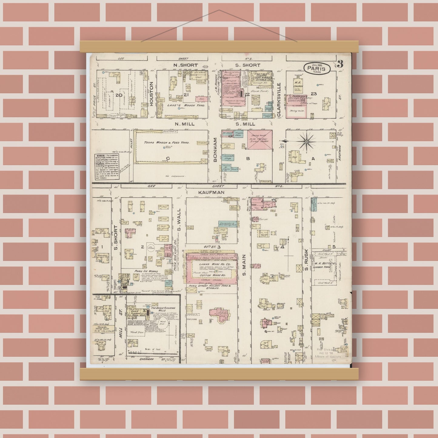 Old map wall art mockup — magnetic wood frame on brick wall — Sanborn Fire Insurance Map from Paris, Lamar County, Texas (1885), Sheet #0003