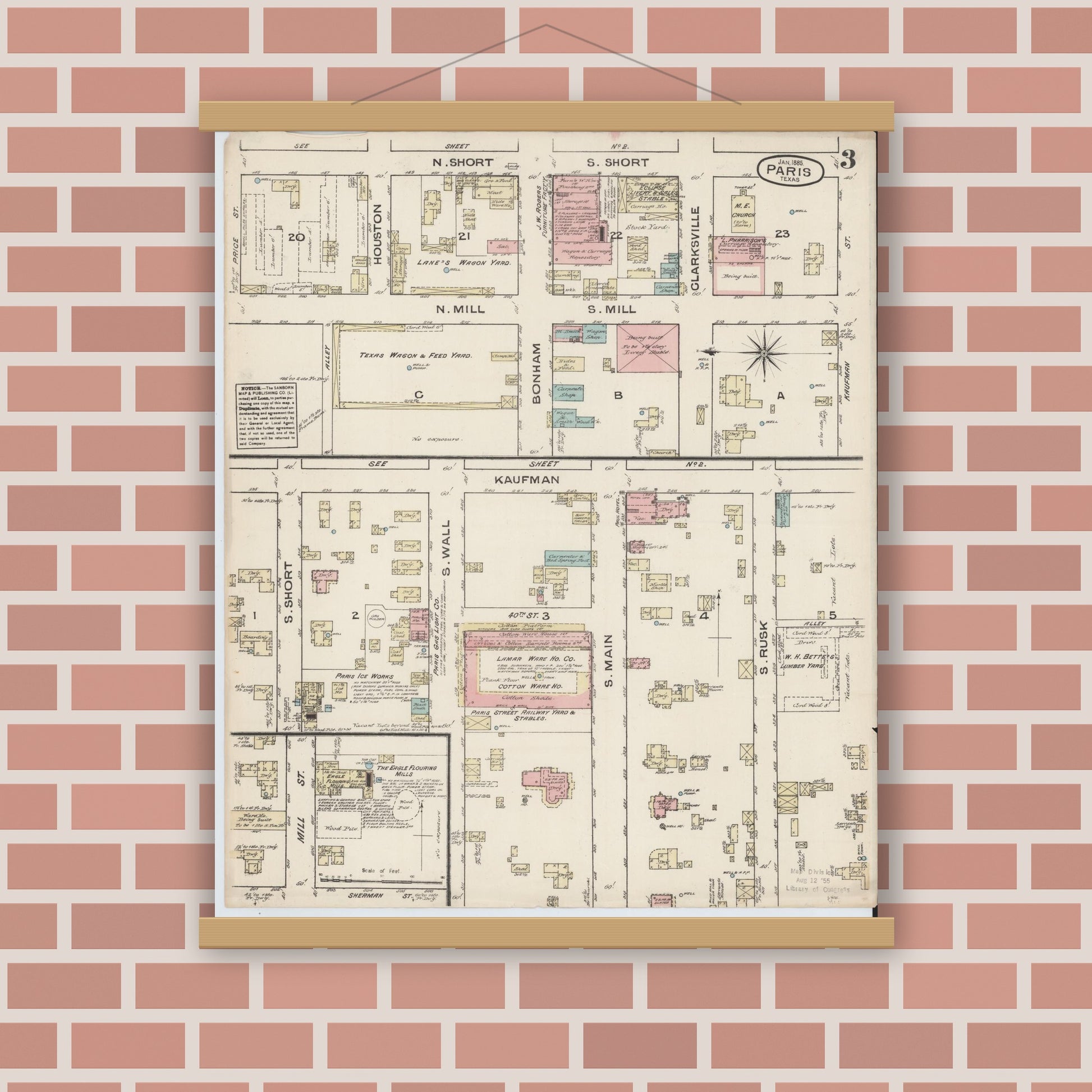 Old map wall art mockup — magnetic wood frame on brick wall — Sanborn Fire Insurance Map from Paris, Lamar County, Texas (1885), Sheet #0003