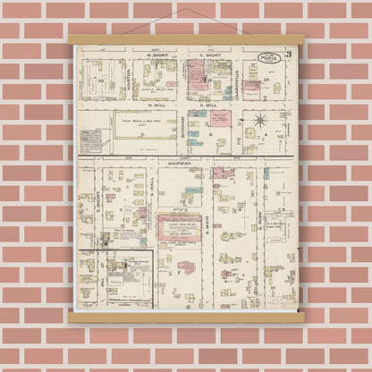 Old map wall art mockup — magnetic wood frame on brick wall — Sanborn Fire Insurance Map from Paris, Lamar County, Texas (1885), Sheet #0003