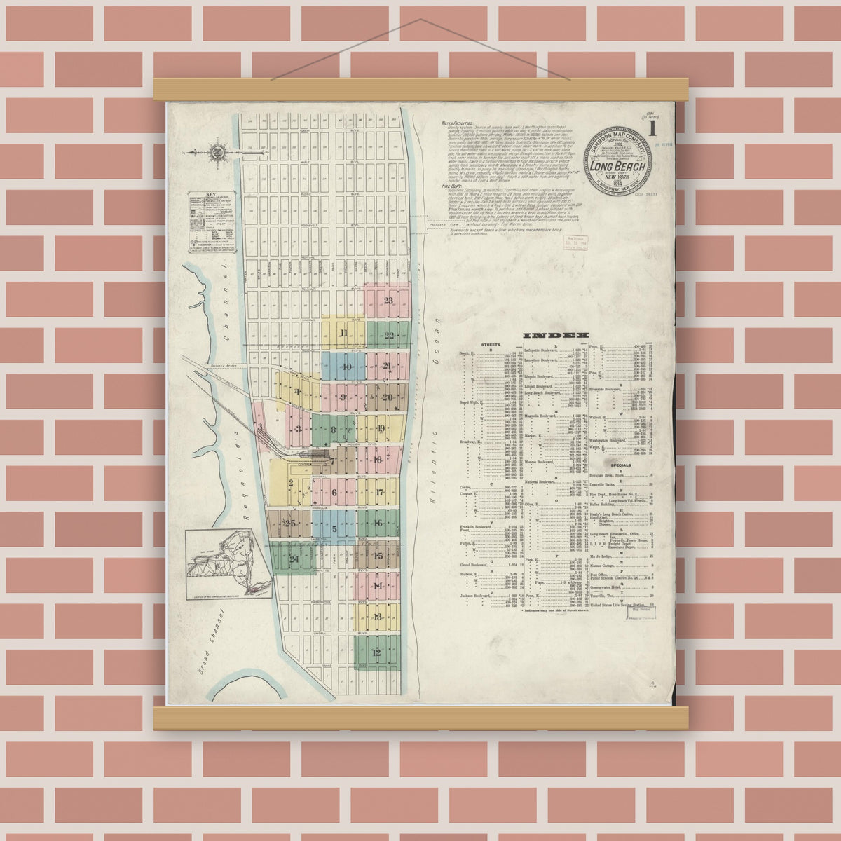 Old map wall art mockup — magnetic wood frame on brick wall — Sanborn Fire Insurance Map from Long Beach, Nassau County, New York (1914) - Complete Map Set