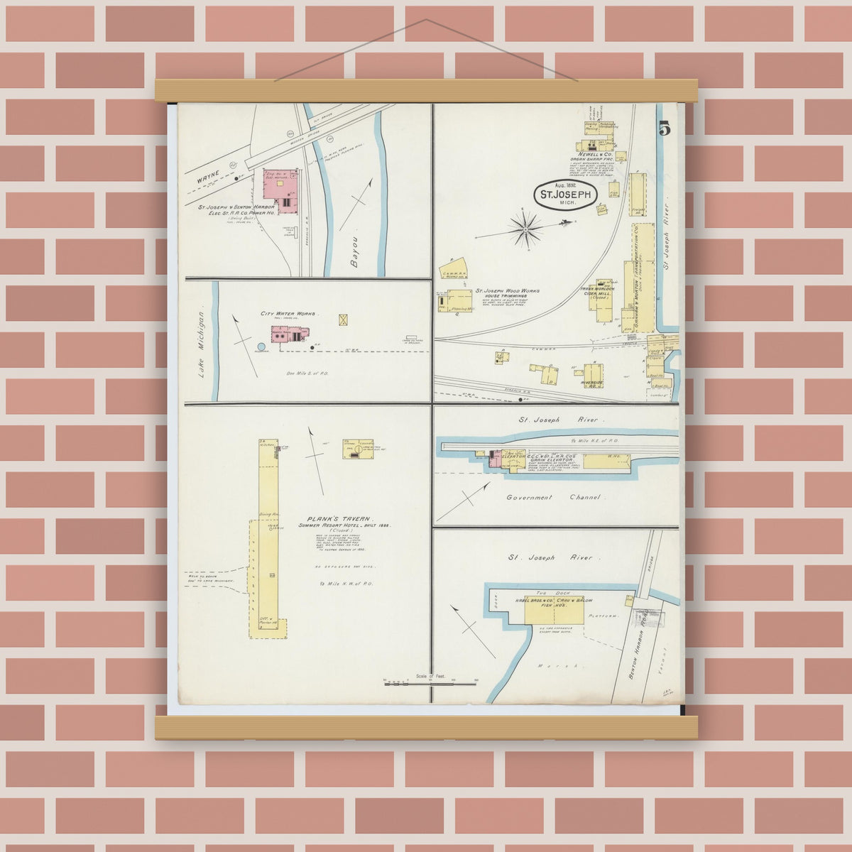 Old map wall art mockup — magnetic wood frame on brick wall — Sanborn Fire Insurance Map from Saint Joseph, Berrien County, Michigan (1892), Sheet #0005