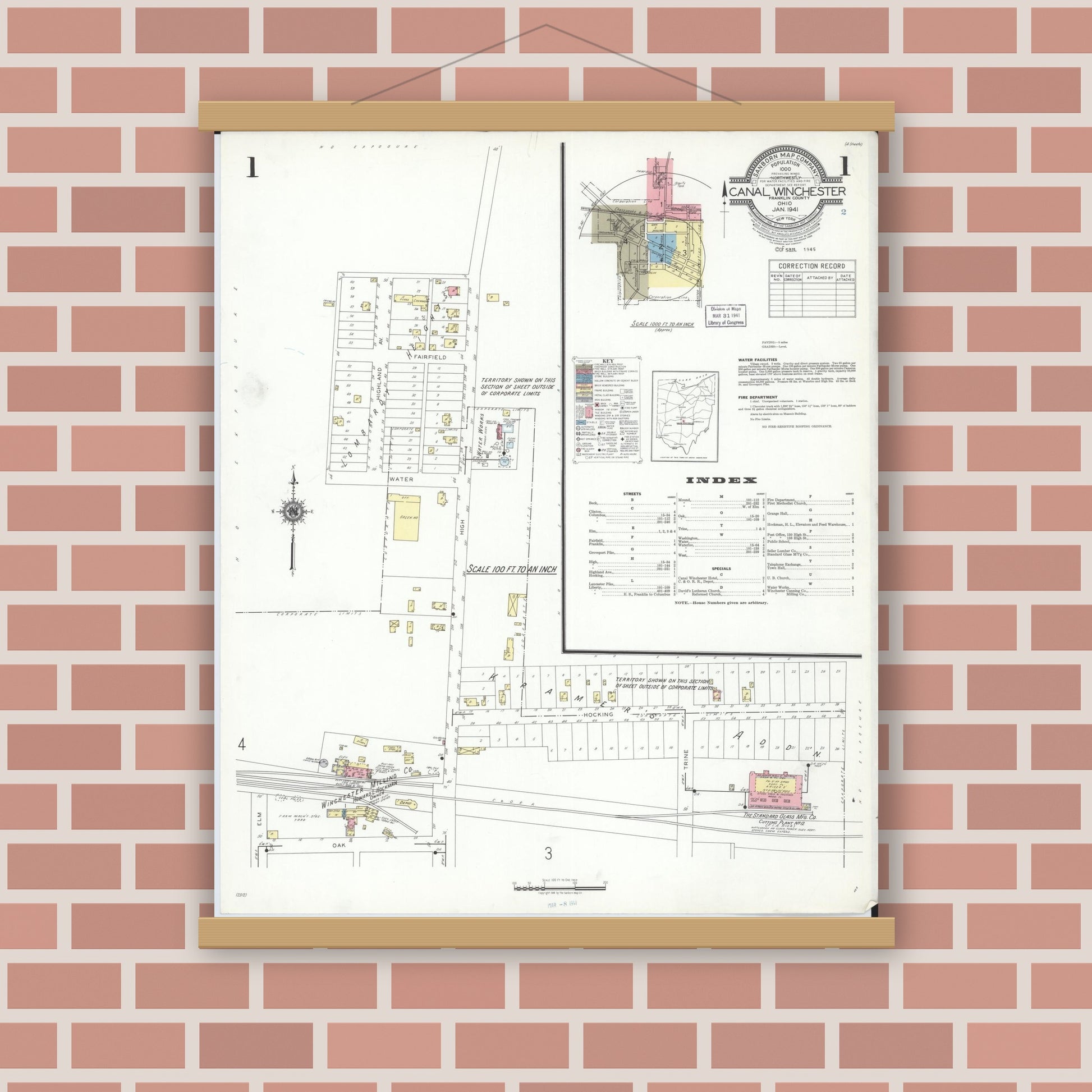 Old map wall art mockup — magnetic wood frame on brick wall — Sanborn Fire Insurance Map from Canal Winchester, Franklin County, Ohio (1941), Sheet #0001
