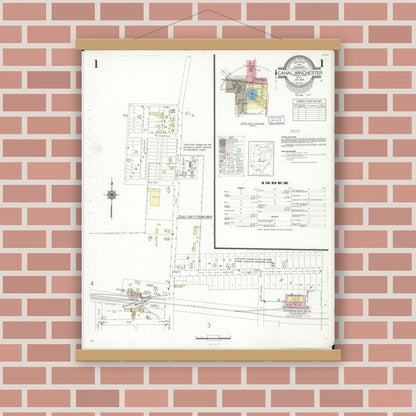 Old map wall art mockup — magnetic wood frame on brick wall — Sanborn Fire Insurance Map from Canal Winchester, Franklin County, Ohio (1941), Sheet #0001