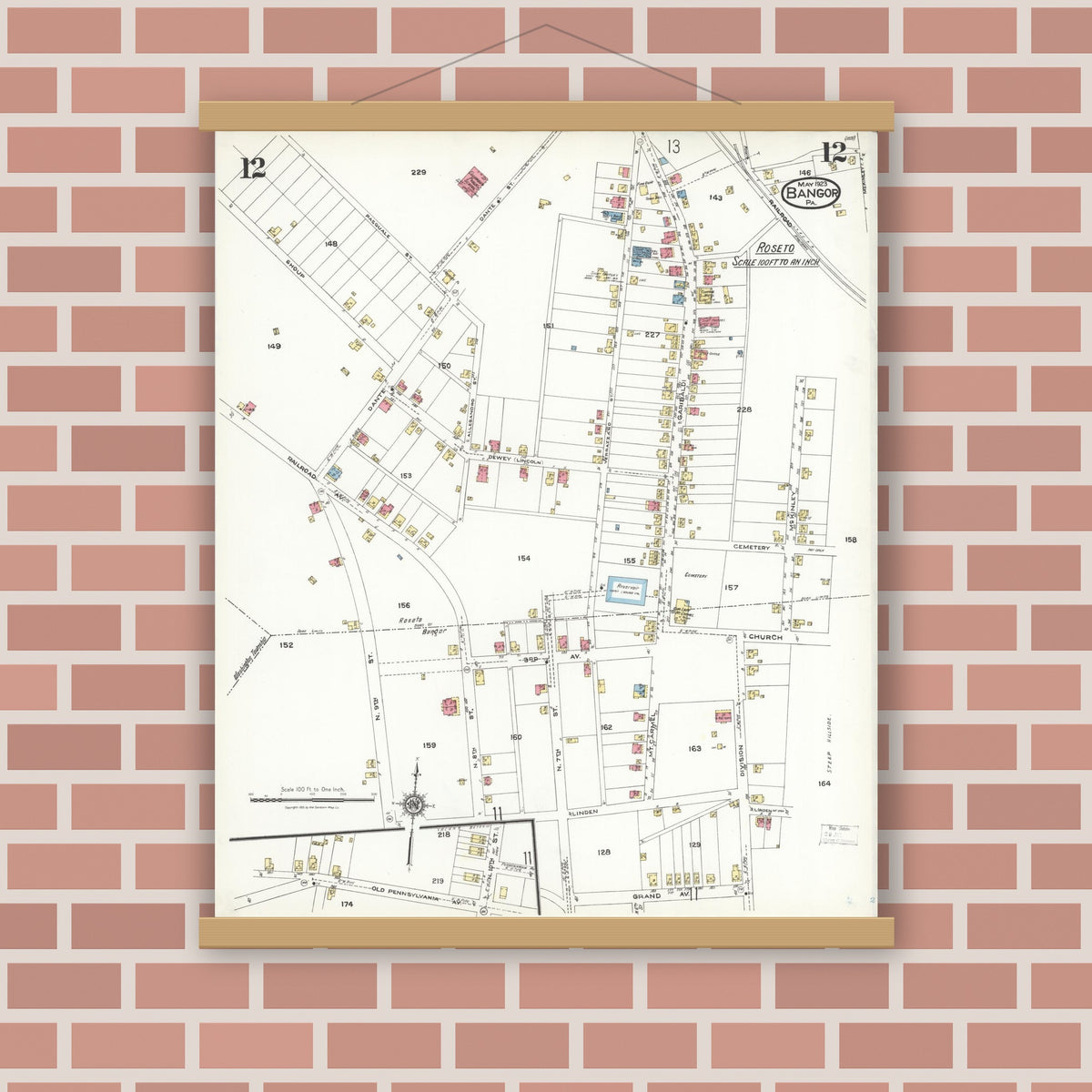 Old map wall art mockup — magnetic wood frame on brick wall — Sanborn Fire Insurance Map from Bangor, Northampton County, Pennsylvania (1923), Sheet #0012