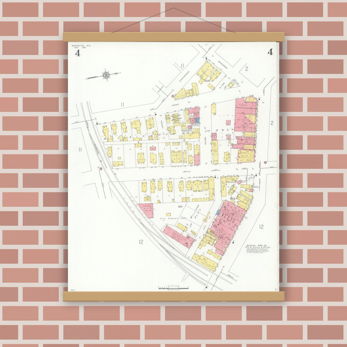 Old map wall art mockup — magnetic wood frame on brick wall — Sanborn Fire Insurance Map from Marinette, Marinette County, Wisconsin (1935), Sheet #0004