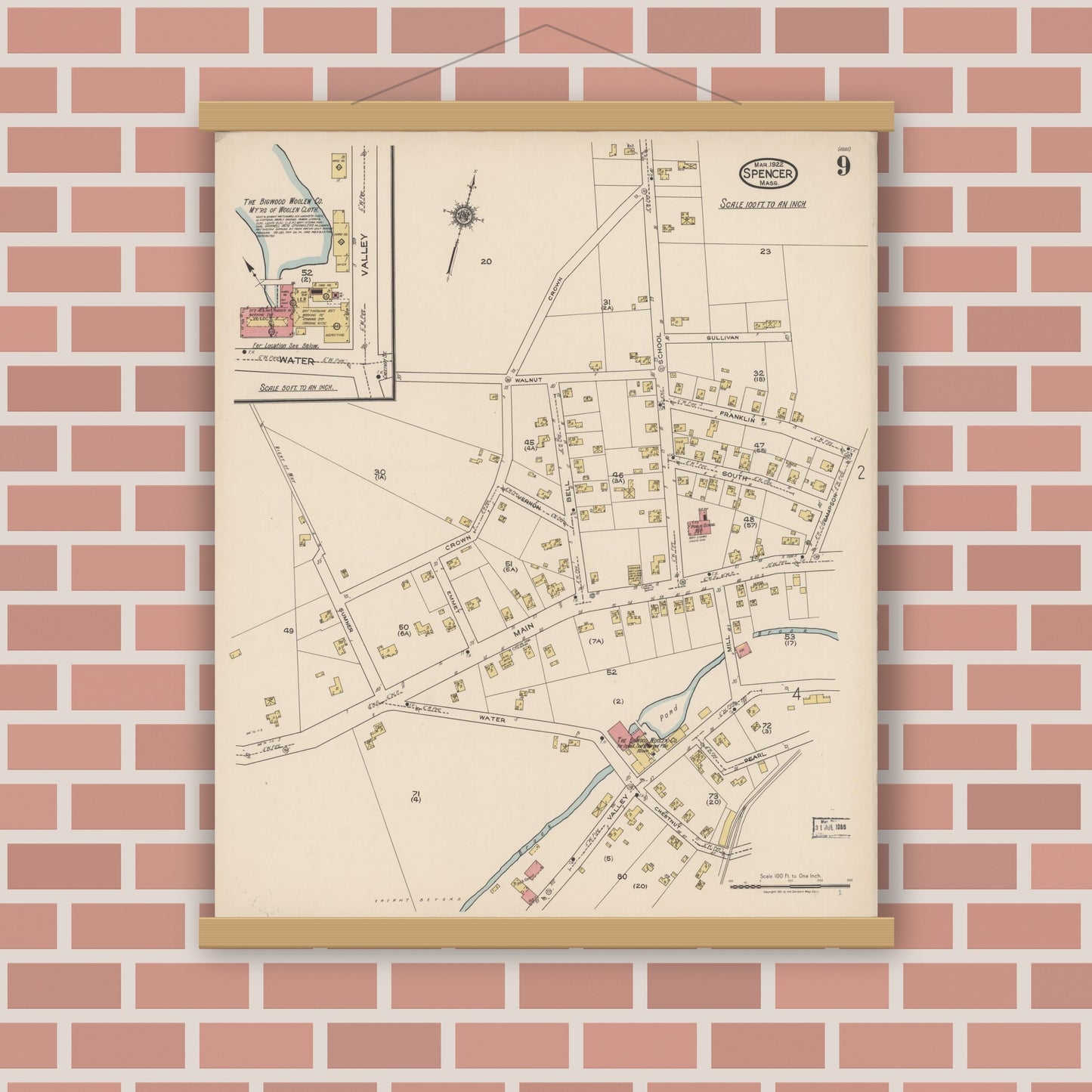 Old map wall art mockup — magnetic wood frame on brick wall — Sanborn Fire Insurance Map from Spencer, Worcester County, Massachusetts (1922), Sheet #0009