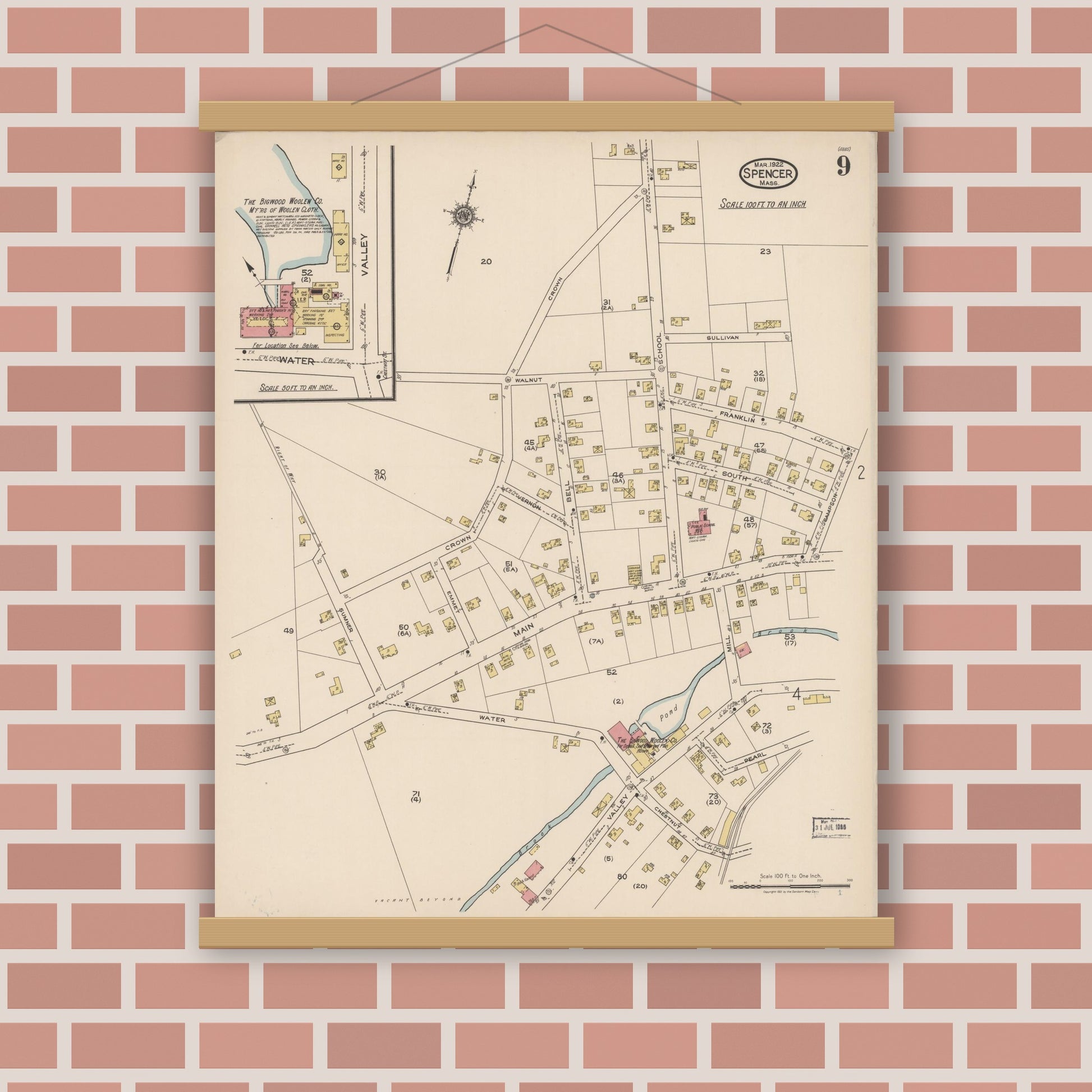 Old map wall art mockup — magnetic wood frame on brick wall — Sanborn Fire Insurance Map from Spencer, Worcester County, Massachusetts (1922), Sheet #0009