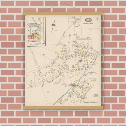 Old map wall art mockup — magnetic wood frame on brick wall — Sanborn Fire Insurance Map from Spencer, Worcester County, Massachusetts (1922), Sheet #0009