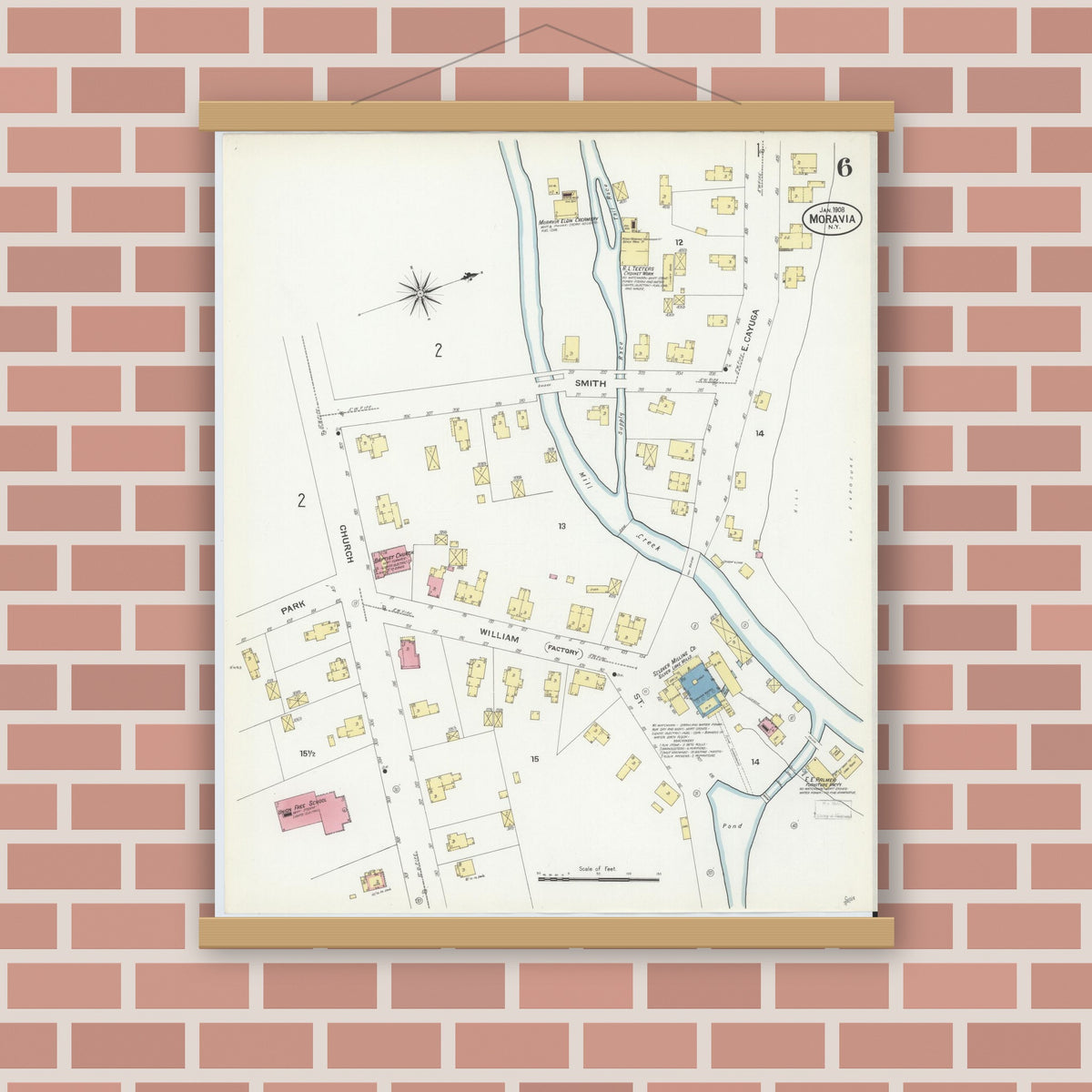 Old map wall art mockup — magnetic wood frame on brick wall — Sanborn Fire Insurance Map from Moravia, Cayuga County, New York (1908), Sheet #0006