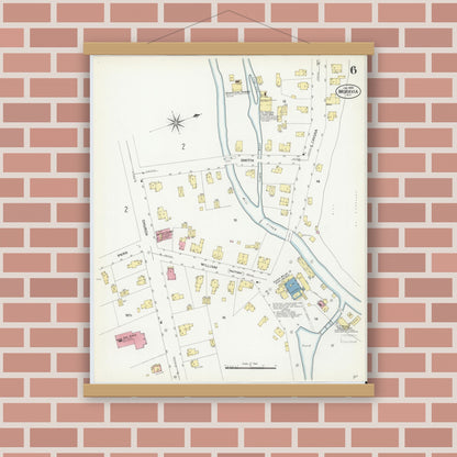 Old map wall art mockup — magnetic wood frame on brick wall — Sanborn Fire Insurance Map from Moravia, Cayuga County, New York (1908), Sheet #0006