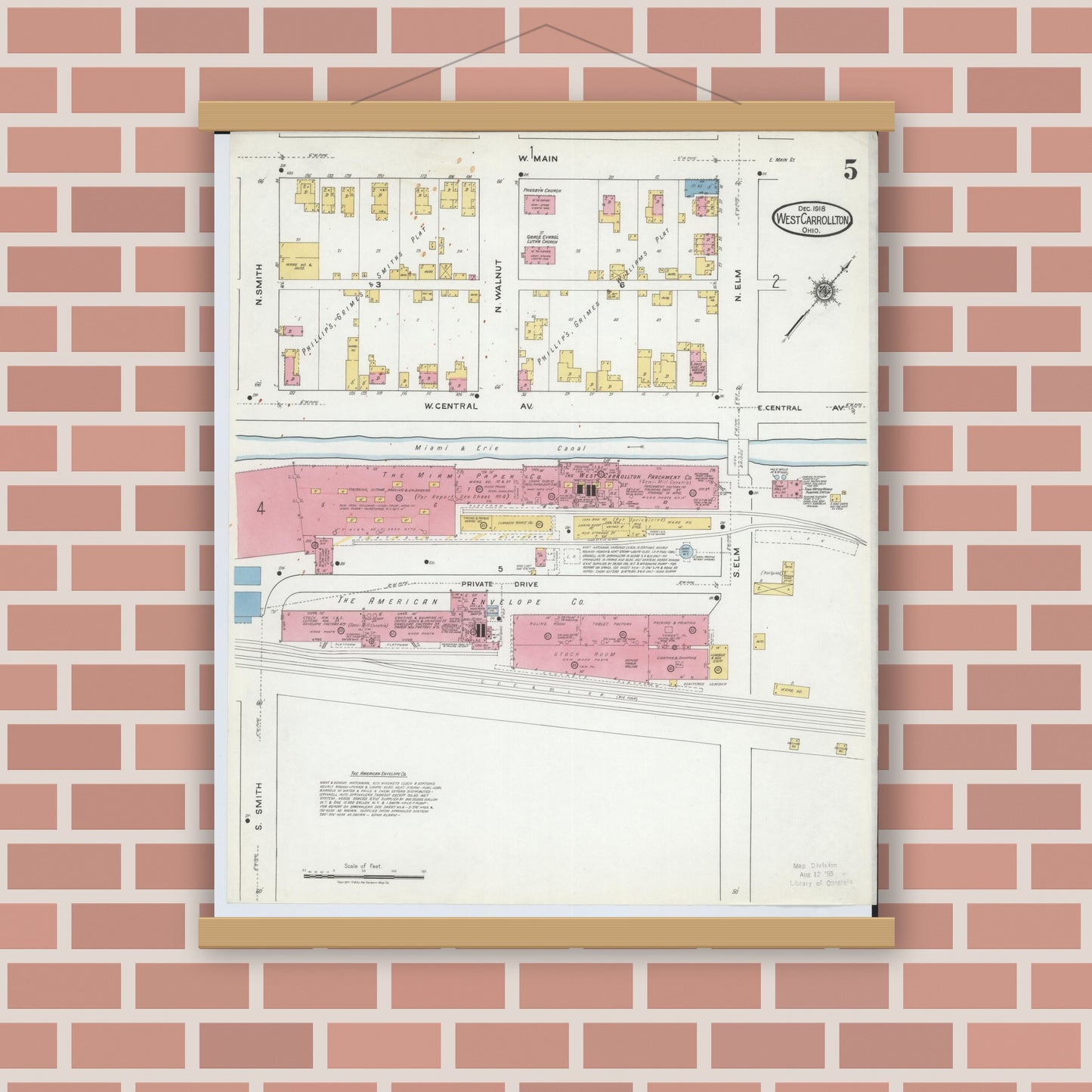 Old map wall art mockup — magnetic wood frame on brick wall — Sanborn Fire Insurance Map from West Carrollton, Montgomery County, Ohio (1918), Sheet #0005