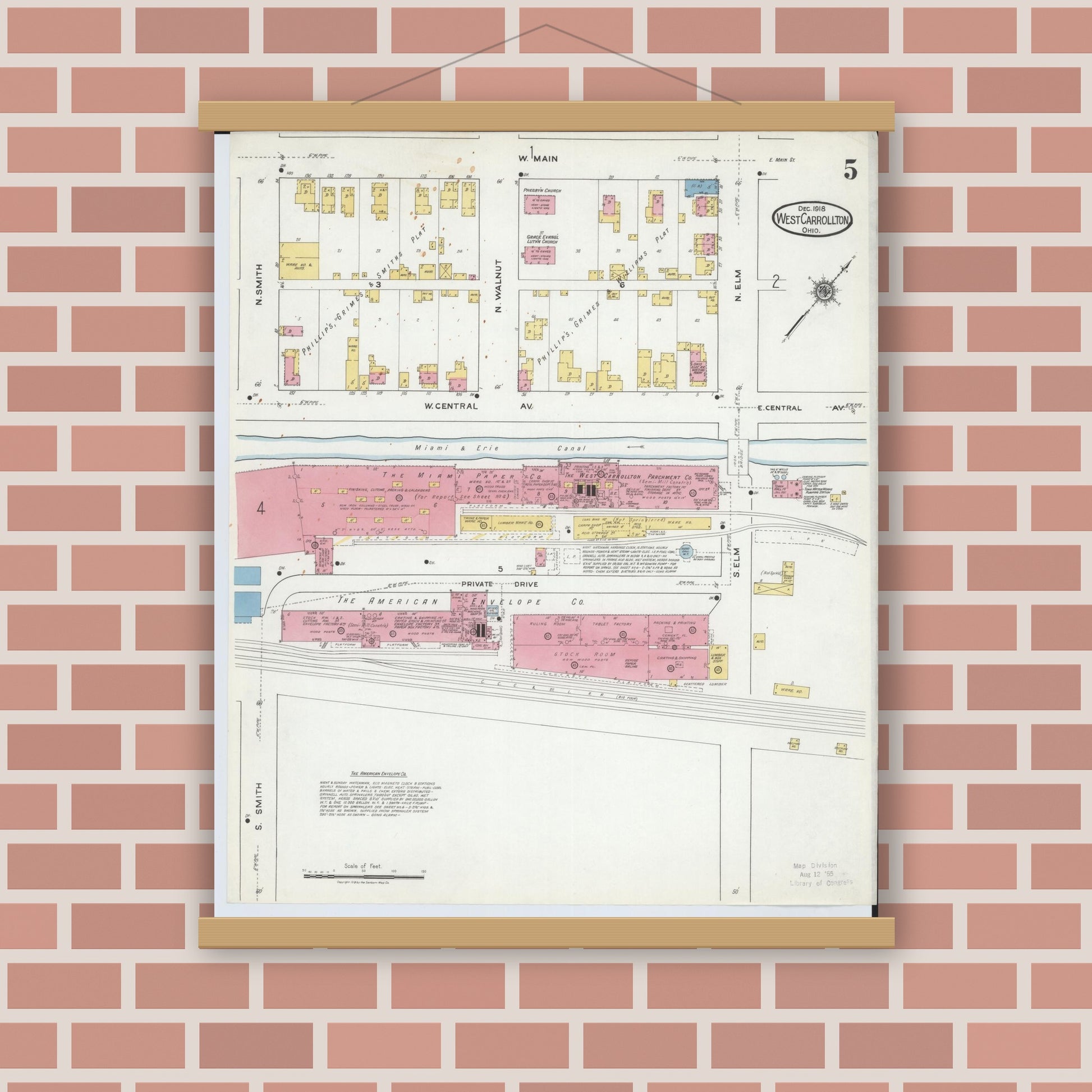 Old map wall art mockup — magnetic wood frame on brick wall — Sanborn Fire Insurance Map from West Carrollton, Montgomery County, Ohio (1918), Sheet #0005