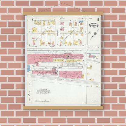 Old map wall art mockup — magnetic wood frame on brick wall — Sanborn Fire Insurance Map from West Carrollton, Montgomery County, Ohio (1918), Sheet #0005