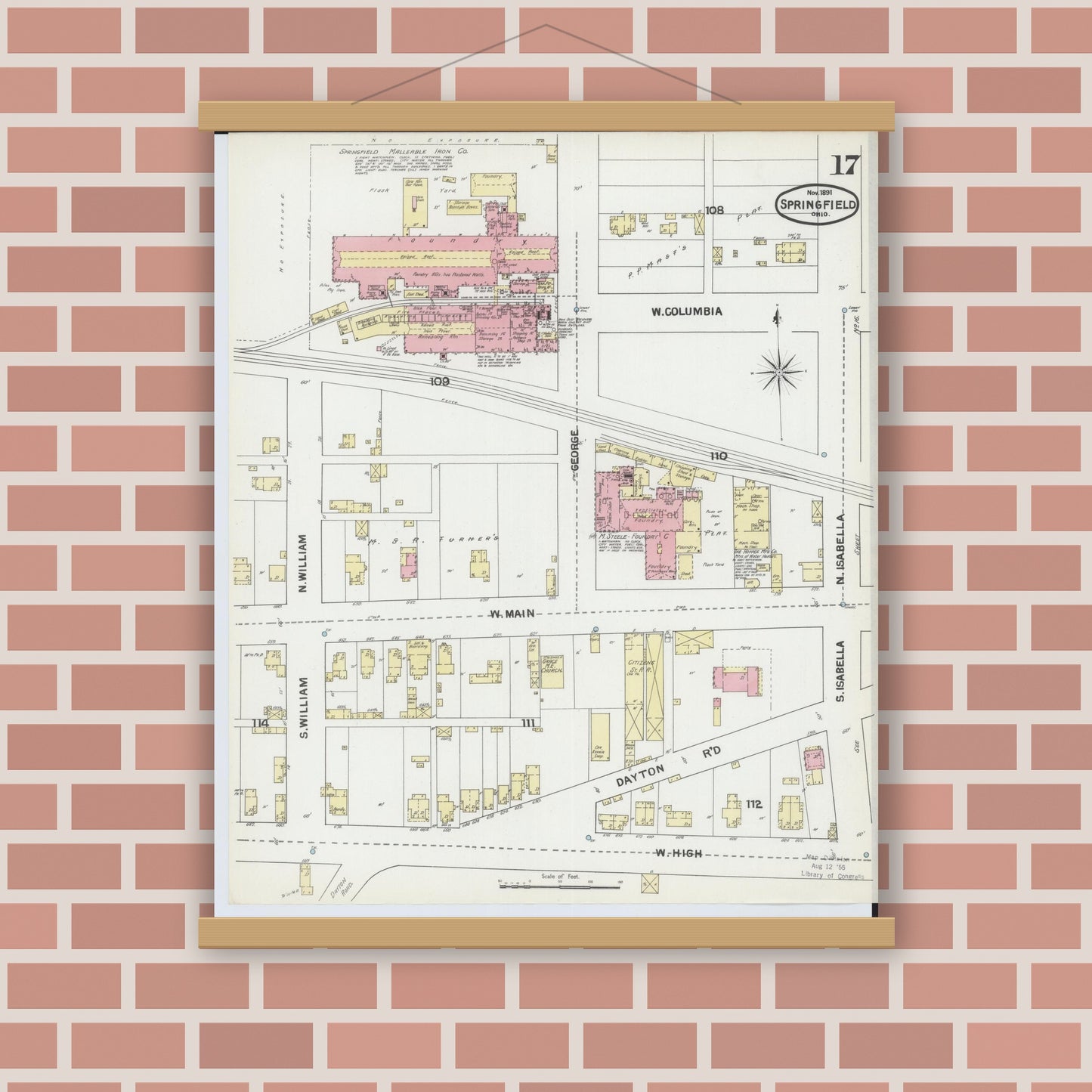 Old map wall art mockup — magnetic wood frame on brick wall — Sanborn Fire Insurance Map from Springfield, Clark County, Ohio (1891), Sheet #0017