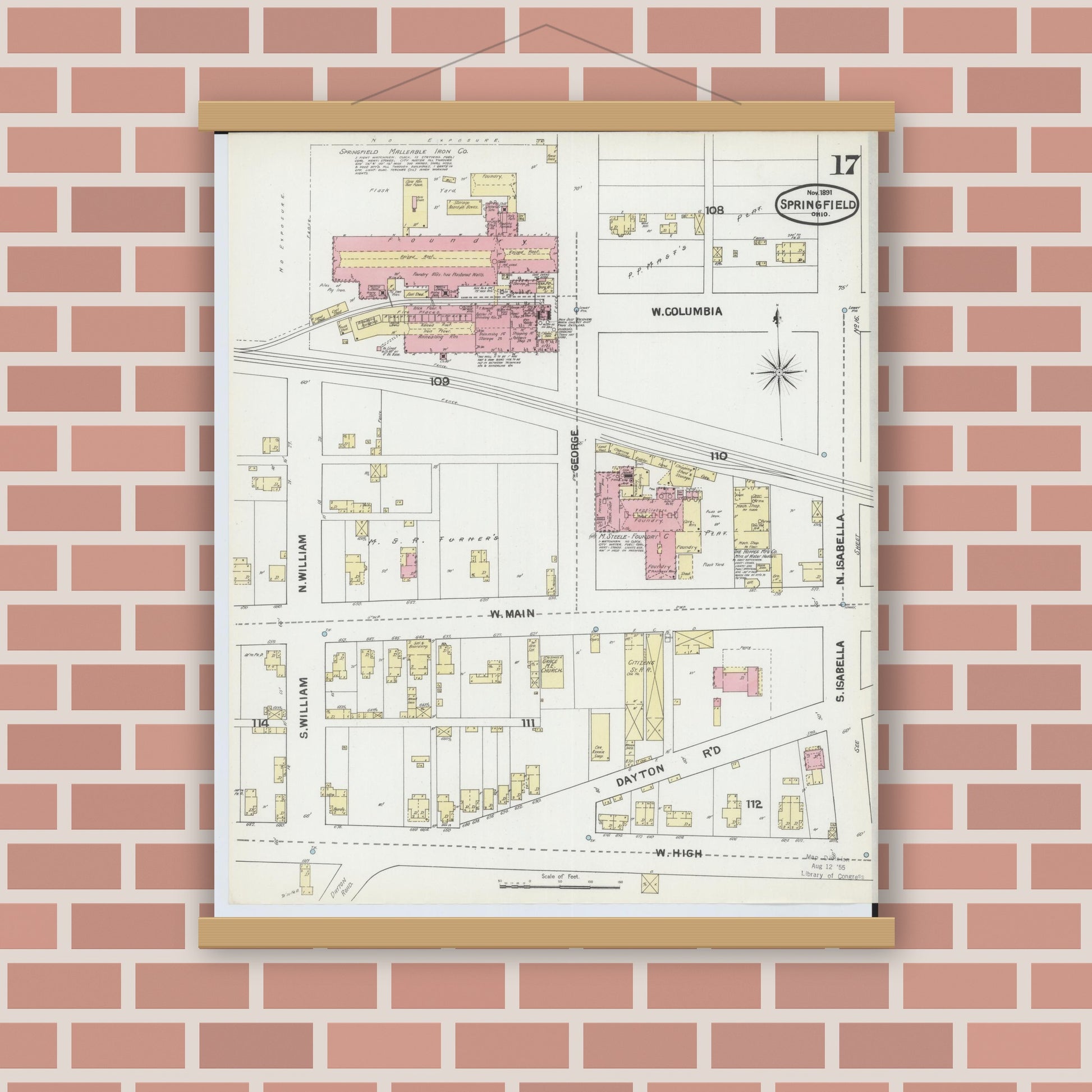 Old map wall art mockup — magnetic wood frame on brick wall — Sanborn Fire Insurance Map from Springfield, Clark County, Ohio (1891), Sheet #0017
