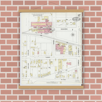 Old map wall art mockup — magnetic wood frame on brick wall — Sanborn Fire Insurance Map from Springfield, Clark County, Ohio (1891), Sheet #0017